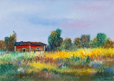 Case in mezzo al grano, olio su cartone, 1966