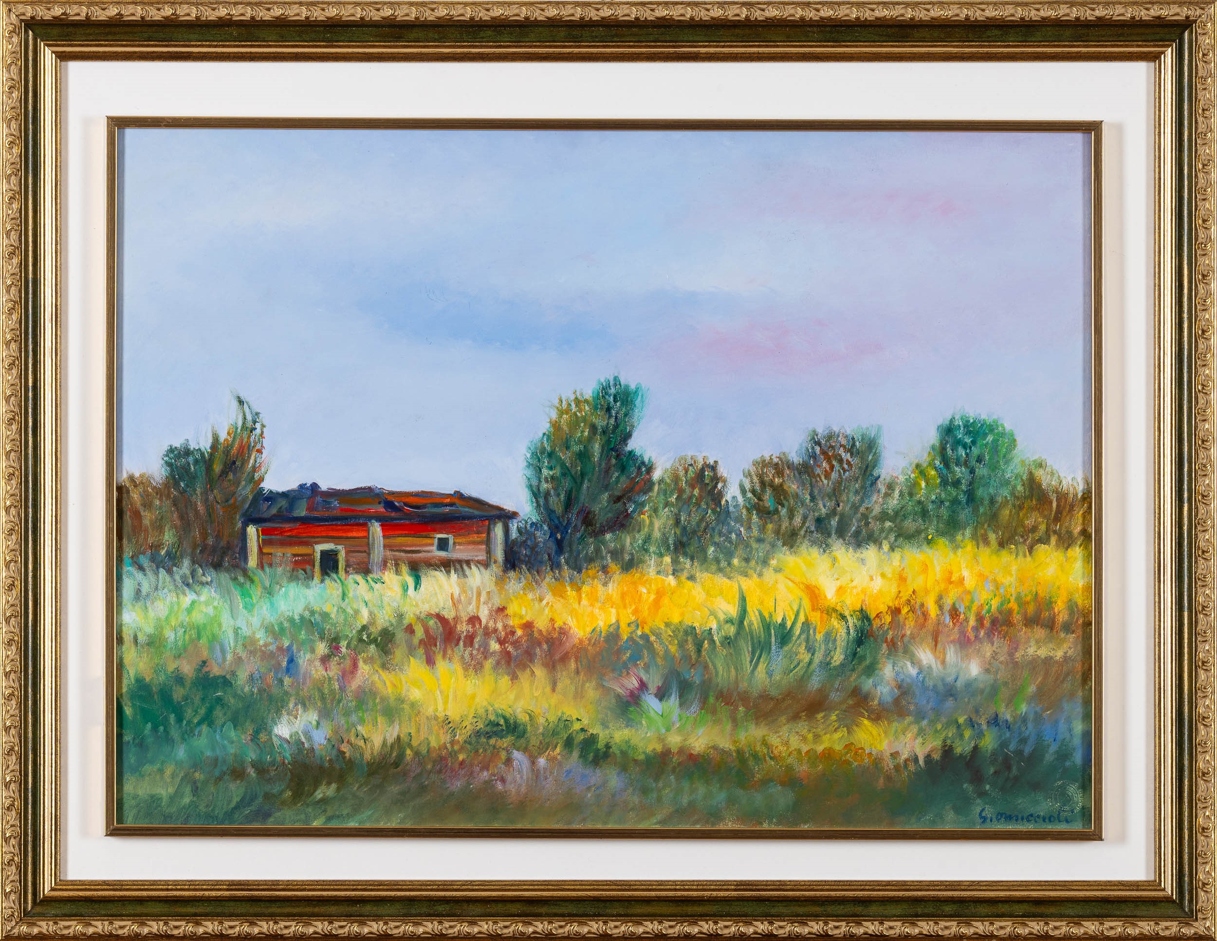 Giovanni Omiccioli - Case in mezzo al grano, olio su cartone, 1966