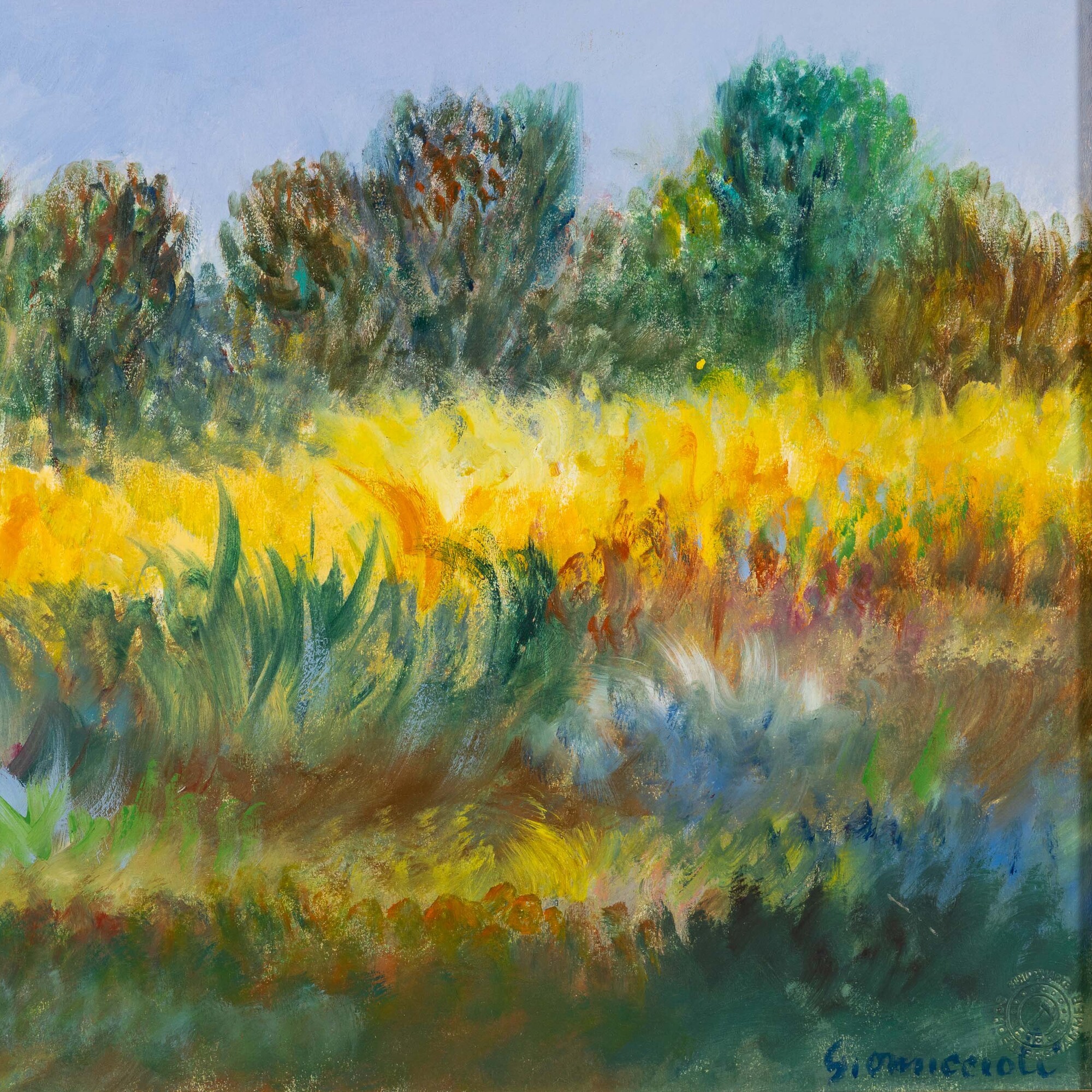 Giovanni Omiccioli - Case in mezzo al grano, olio su cartone, 1966