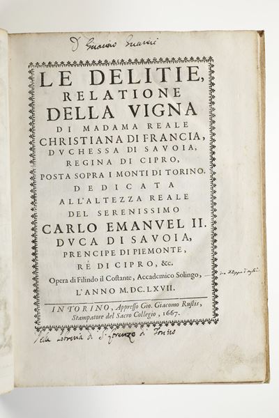 San Martino D'agliè Filippo (1604-1667) le Delitie, Relatione della Vigna di Madama Reale..