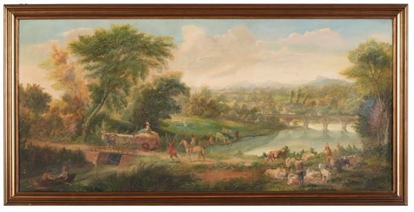 Scuola francese del XIX-XX secolo Paesaggio fluviale con figure e armenti