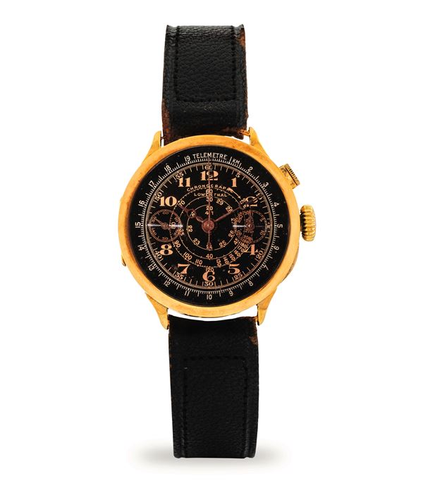 Lowenthal - 18K yellow gold mono-pusher chronograph, black dial with snailed tachymeter scale two counters, circa 1930