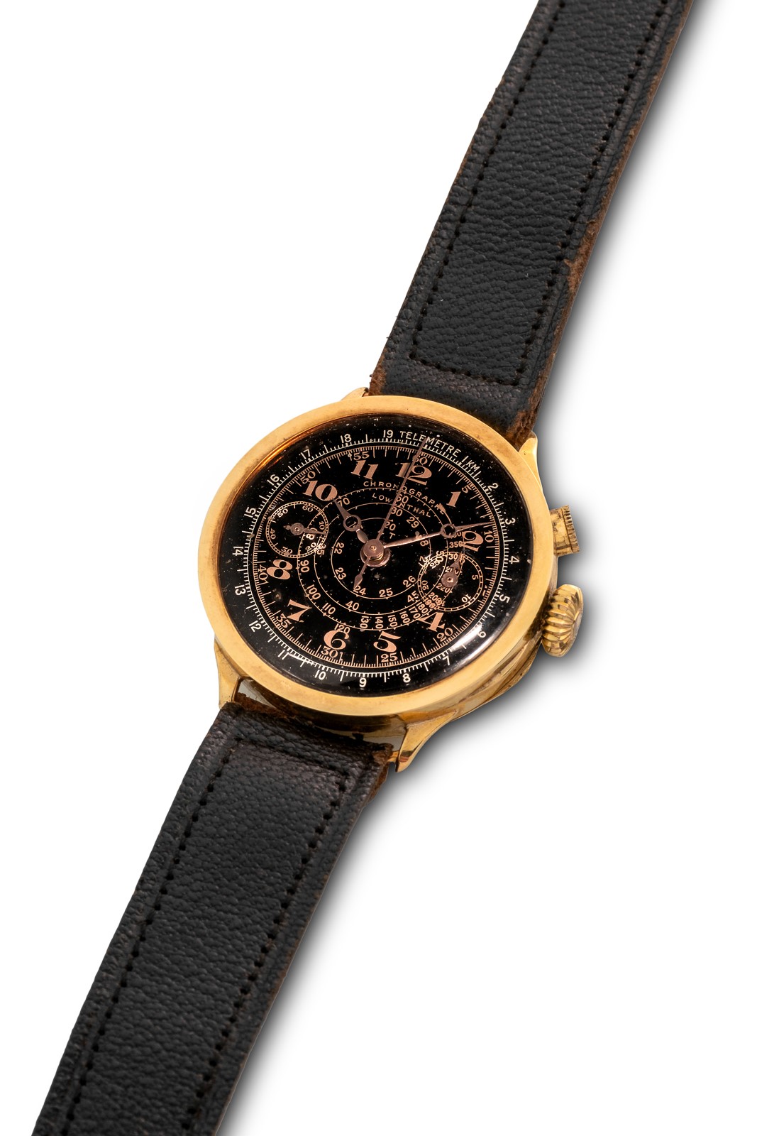 Lowenthal - Cronografo mono-rattrapante in oro giallo 18k con quadrante nero e scala tachimetrica...