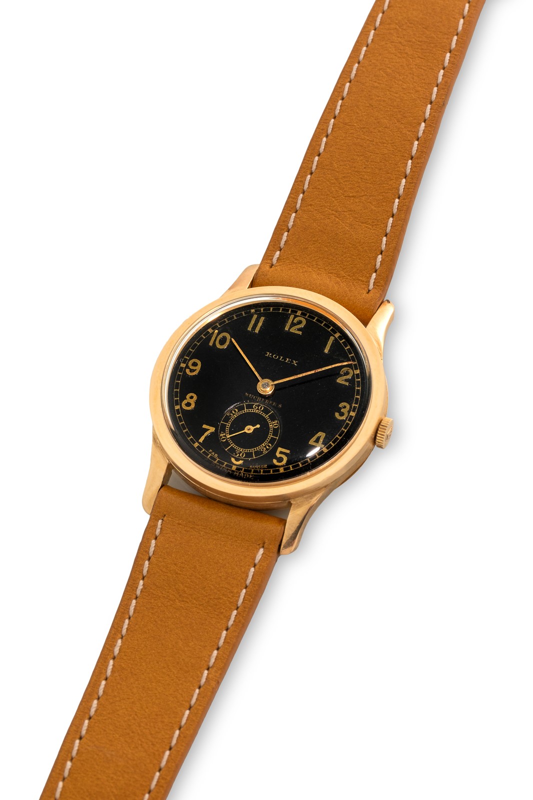 Rolex - Chronometre cassa moneta ref 2582 in oro giallo 18k con quadrante nero, circa 1930