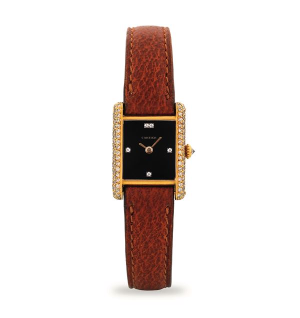Cartier - Tank Louis ref 78227 in yellow gold and diamonds, manual winding onyx dial with diamond hour markers, circa 1990