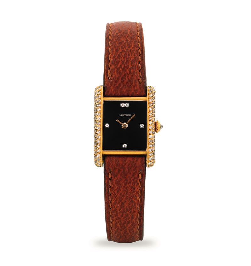 Cartier : Tank Louis ref 78227 in yellow gold and diamonds, manual winding onyx dial with diamond hour markers, circa 1990  - Auction Wristwatches - Cambi Casa d'Aste