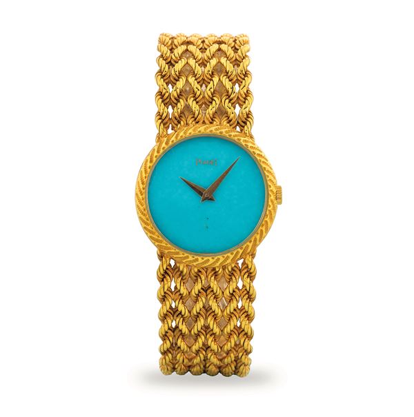 Classique da polso in oro giallo con bracciale lavorato integrato, quadrante in pietra turchese, circa  [..]
