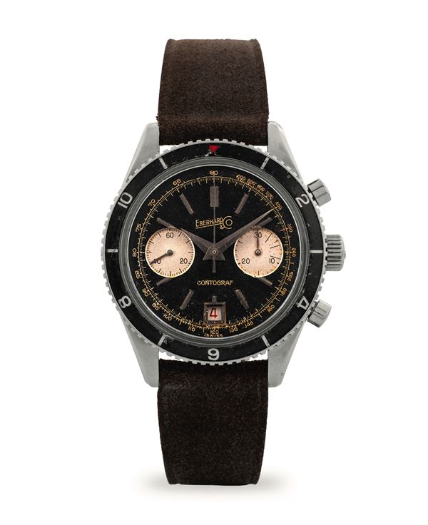 Contograf ref 13150 in acciaio, quadrante nero con due contatori a contrasto e datario a ore 6, con  [..]