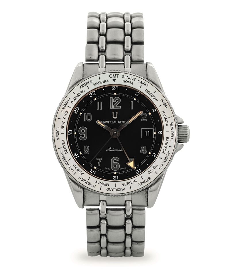 Universal Genève : Worldtime ref 873.435 in acciaio con indicazione 24 fusi orari del mondo, quadrante nero con datario a ore 3, circa 1993  - Asta Orologi da Polso - Cambi Casa d'Aste