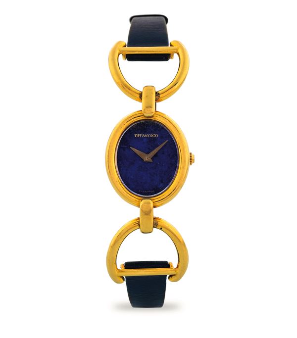Tiffany&amp;Co. - ‘Bracket’ 18k yellow gold wristwatch, lapis lazuli dial, with original box, circa 1970