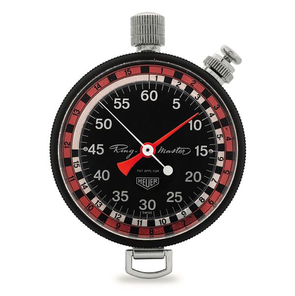 Stopwatch Ring-Master in acciaio, quadrante nero e ghiere graduate intercambiabili con astuccio in pelle  [..]