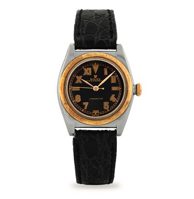 Oyster Perpetual 'Ovetto' ref. 3133 in acciaio e oro, quadrante nero 'California', circa 1945