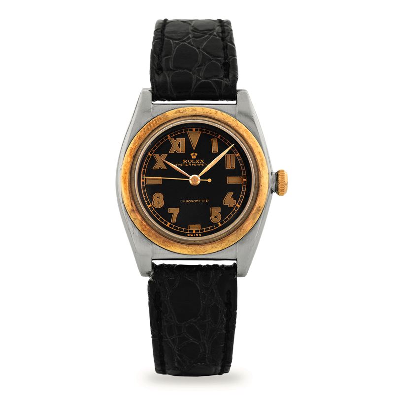Rolex : Oyster Perpetual “Ovetto” ref 3133 in steel and gold, black “California” dial, circa 1945  - Auction Wristwatches - Cambi Casa d'Aste