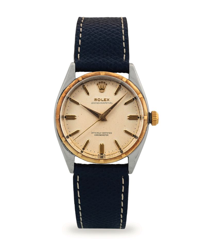 Rolex : Oyster Perpetual ref 6566 in acciaio e oro, quadrante argenté con indici a daga dorati, circa 1959  - Asta Orologi da Polso - Cambi Casa d'Aste