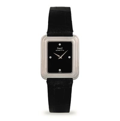 Orologio Protocole referenza 74101 in oro bianco con quadrante in onice e diamanti, circa 1980