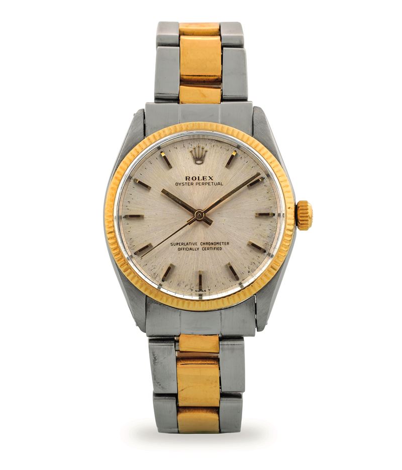 Rolex : Oyster Perpetual ref 1005 in steel and gold, silvered soleil dial, circa 1967  - Auction Wristwatches - Cambi Casa d'Aste