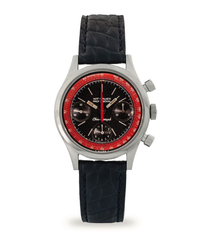 WITTNAUER : Professional Chronograph ref 235T in acciaio fondo a vite, quadrante nero con contatori a contrasto, circa 1960  - Asta Orologi da Polso - Cambi Casa d'Aste