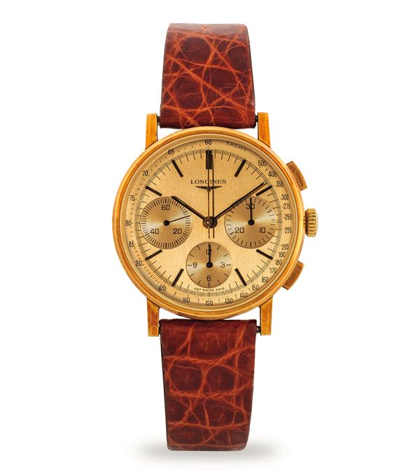 Longines - 18K yellow gold square button chronograph, champagne dial with three counters and tachometer scale, circa 1980