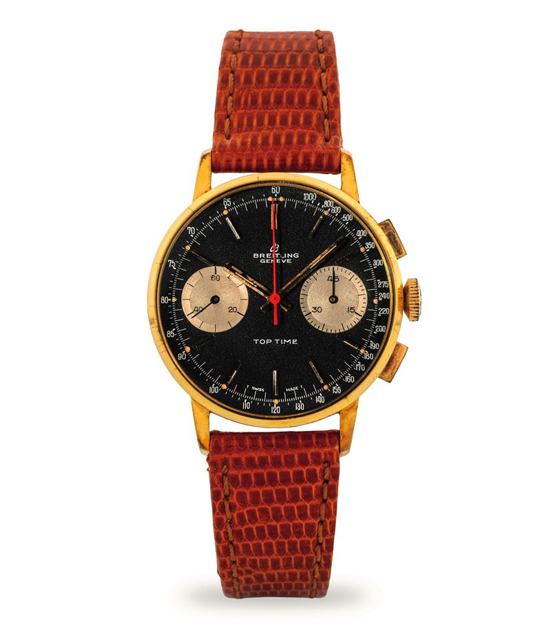 Breitling : Top Time ref 2003 in acciaio e oro giallo, quadrante nero opaco con contatori e scala tachimetrica, circa 1960  - Asta Orologi da Polso - Cambi Casa d'Aste