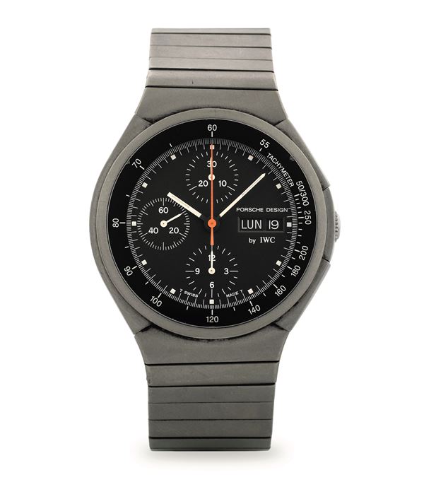 Porsche Design Chrono ref 3702 in titanio con bracciale integrato, quadrante nero con datario a doppia  [..]