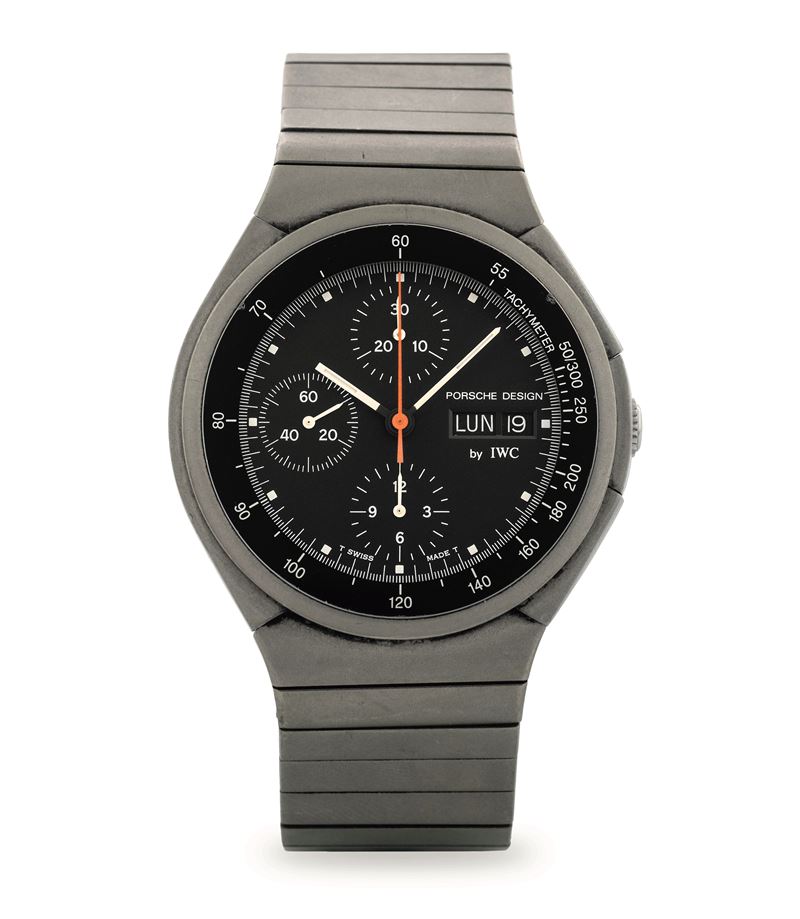 IWC : Porsche Design Chrono ref 3702 in titanio con bracciale integrato, quadrante nero con datario a doppia finestra e scala tachimetrica, con scatola, circa 1980  - Asta Orologi da Polso - Cambi Casa d'Aste