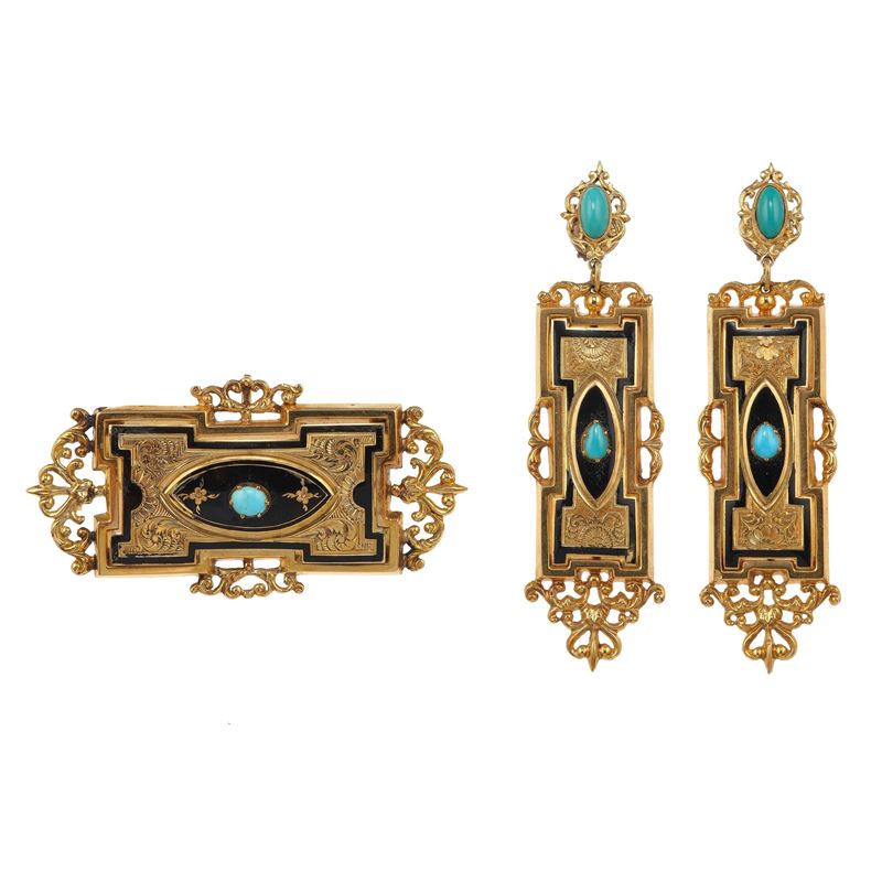 Demi-parure composta da spilla/pendente e orecchini con smalto nero e turchesi  - Asta Gioielli - Cambi Casa d'Aste