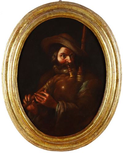 Scuola genovese del XVII secolo, Zampognaro - olio su tela ovale