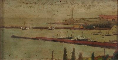 Anonimo, Veduta del porto di Genova, olio su tavoletta