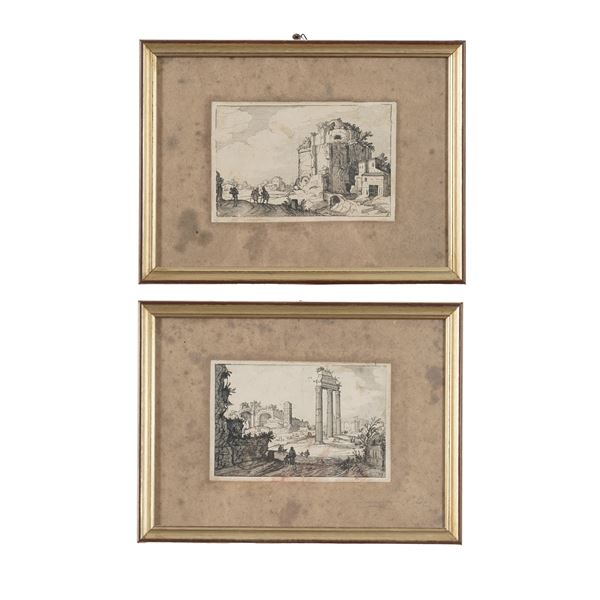 Coppia di stampe con rovine
