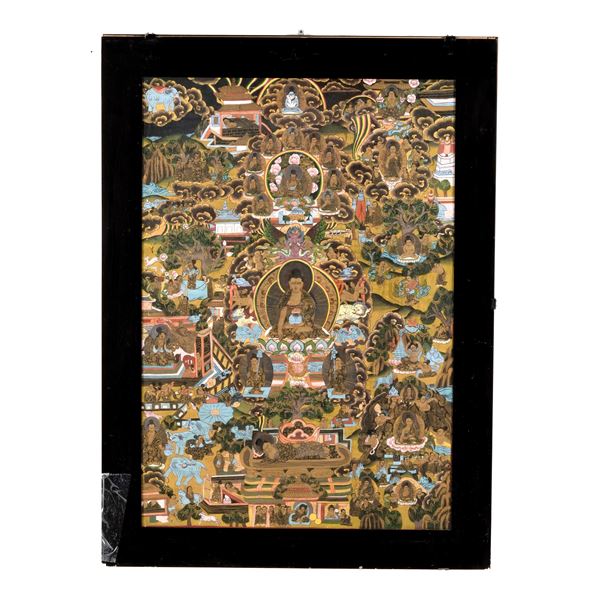 Tessuto orientale dipinto, in cornice