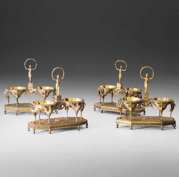 Importante compendio di quattro saliere neoclassiche, Roma, XIX secolo. Maestro argentiere Pietro Paolo Spagna (1817-1861)