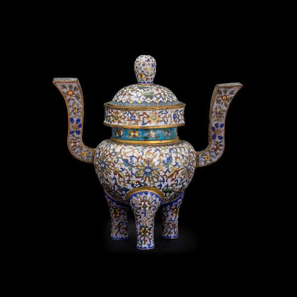 Tripod incense burner with polychrome cloisonné enamels, China, Qing Dynasty, Jiaqing period, early 19th century