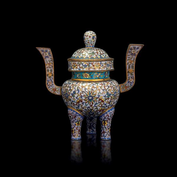 Tripod incense burner with polychrome cloisonné enamels, China, Qing Dynasty, Jiaqing period, early 19th century