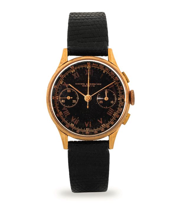 Baume &amp; Mercier - Elegant pink gold chronograph, black dial with counters and tachymeter scale, circa 1940