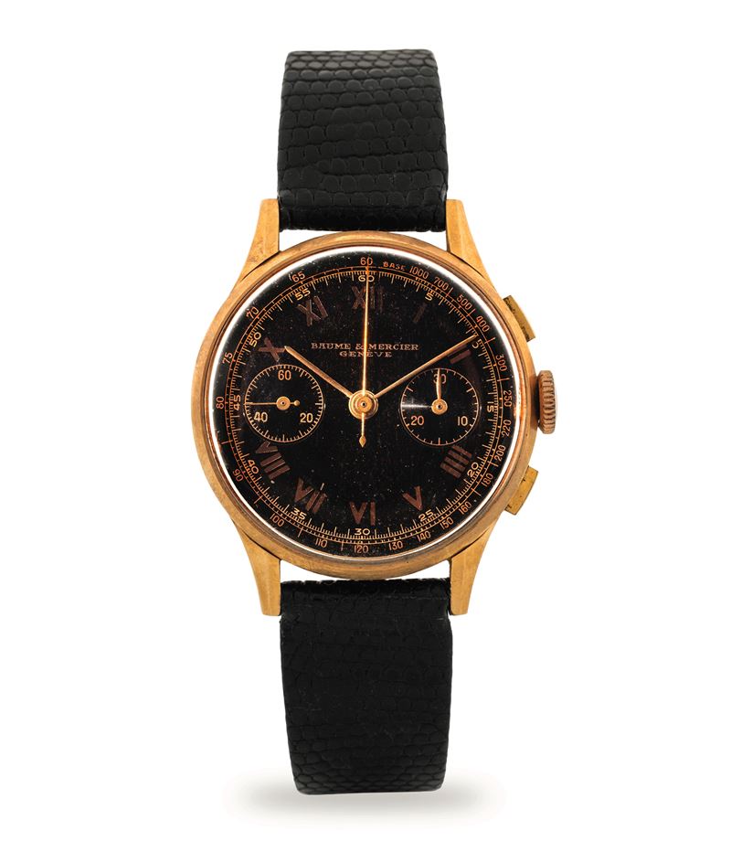 Baume &amp; Mercier : Elegante cronografo in oro rosa, quadrante nero con contatori e scala tachimetrica, circa 1940  - Asta Orologi da Polso - Cambi Casa d'Aste
