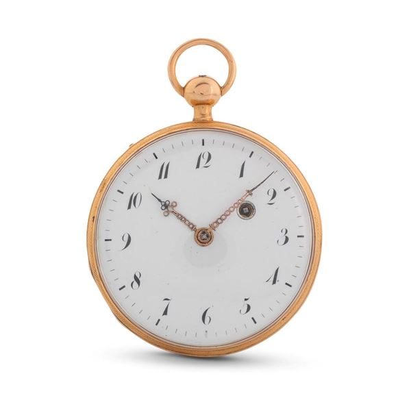 Orologio da tasca in oro 18k, quadrante bianco con numeri Arabi, carica a chiavetta<BR>54,5 mm, peso 127 g