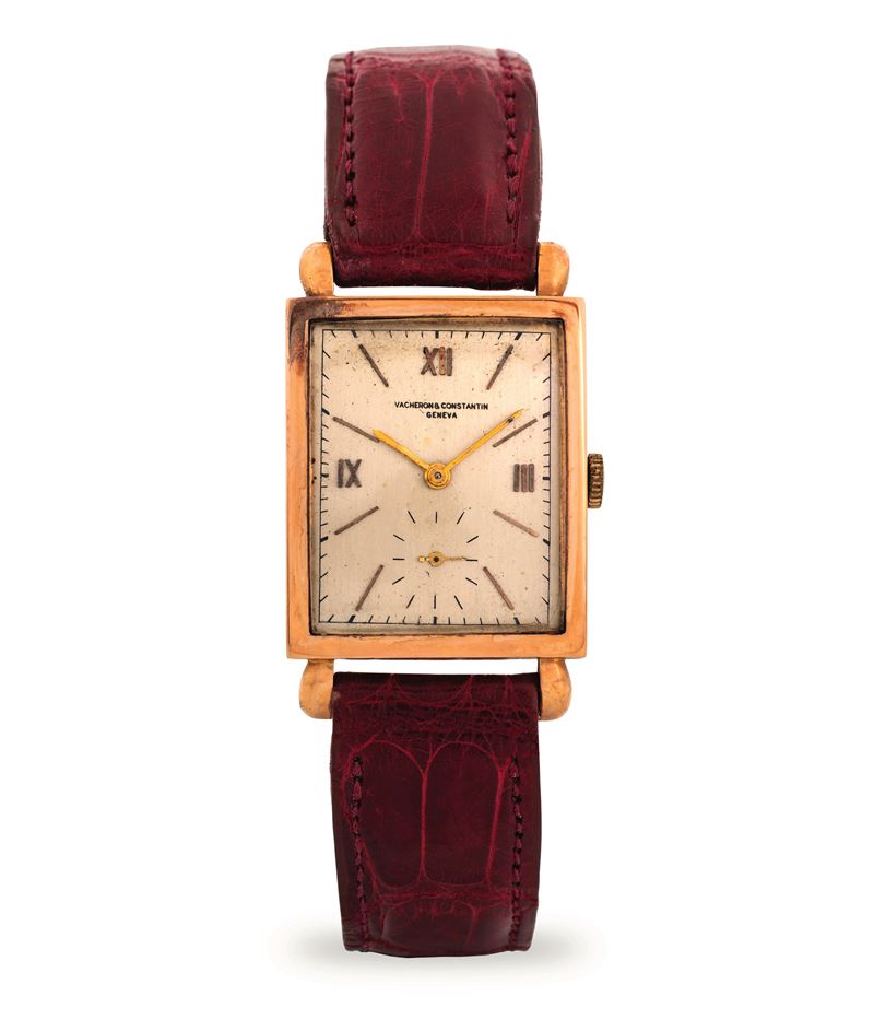 Vacheron &amp; Constantin : Form watch in yellow gold, silver dial with Roman numerals and applied hour markers and seconds at 6 o'clock, circa 1950  - Auction Wristwatches - Cambi Casa d'Aste