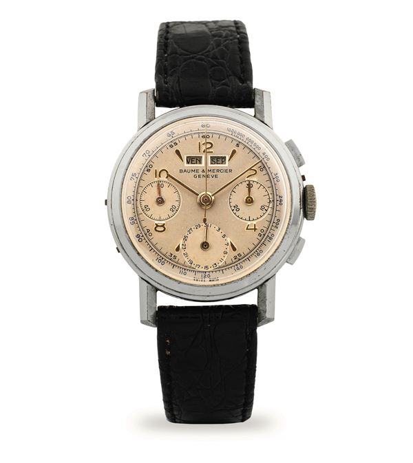 Baume &amp; Mercier - Chronocalendar in steel, three-counter silver-plated chronograph dial and complete calendar, circa 1960