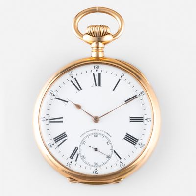 Orologio da tasca in oro giallo 18 k con quadrante in smalto bianco e piccoli secondi