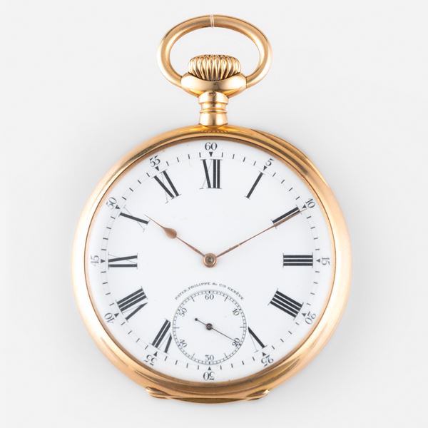 Orologio da tasca in oro giallo 18k prodotto per Gondolo & Labouriau, quadrante smalto bianco con piccoli secondi al sei, carica manuale<BR>56 mm, peso 130 g
