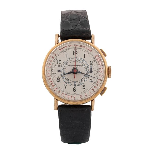 Baume &amp; Mercier - Cronografo in oro rosa 18k con tasti rettangolari, quadrante argentè con contatori al tre e al nove, carica manuale, 35 mm