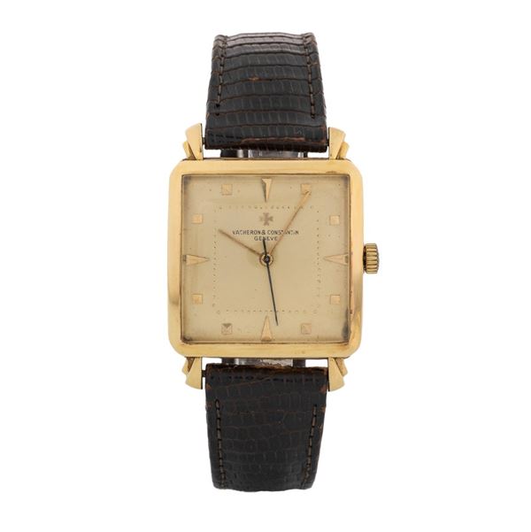 Cioccolatone in oro giallo 18k con anse Fancy, quadrante champagne con indici quadrati applicati, carica automatica, 32x32 mm