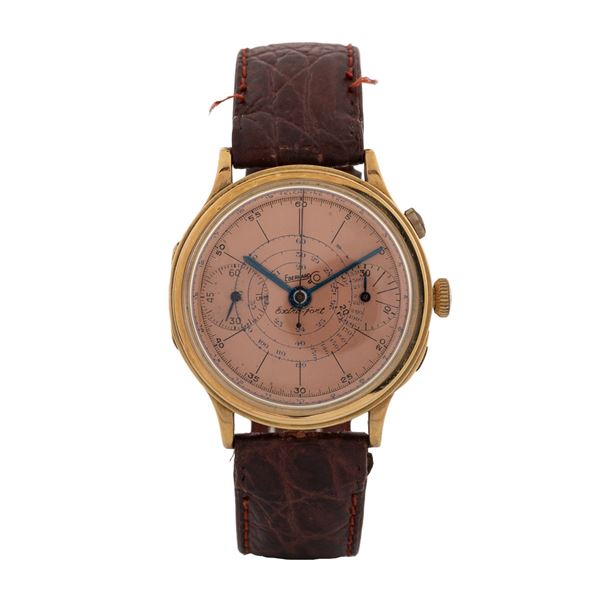 Extra-Fort in oro giallo 18k con tasti a oliva, quadrante salmone con contatori al tre e al nove, carica manuale, 39 mm