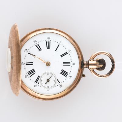 Demi-savonette in oro rosa 12 k, cassa decorata, quadrante in smalto bianco con numeri romani e p...