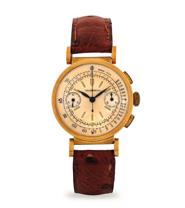 Hausmann &amp; Co - 18K yellow gold chronograph, champagne dial with counters and tachometer scale, circa 1940