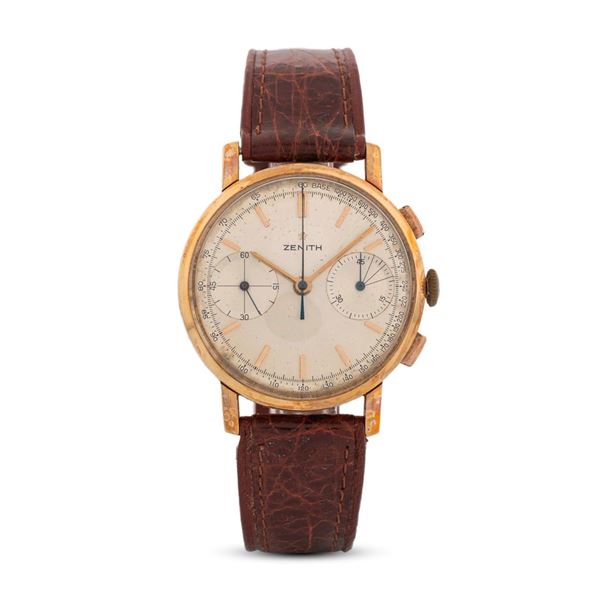 Zenith - Cronografo in oro giallo 18k con tasti rettangolari, quadrante argentè con indici applicati e contatori al tre e al nove, carica manuale, 35 mm