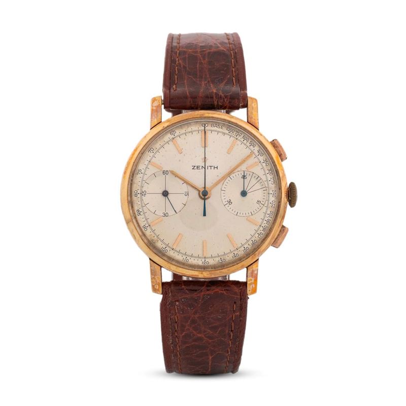 Zenith : Cronografo in oro giallo 18k con tasti rettangolari, quadrante argentè con indici applicati e contatori al tre e al nove, carica manuale, 35 mm  - Auction Orologi da polso - Cambi Casa d'Aste