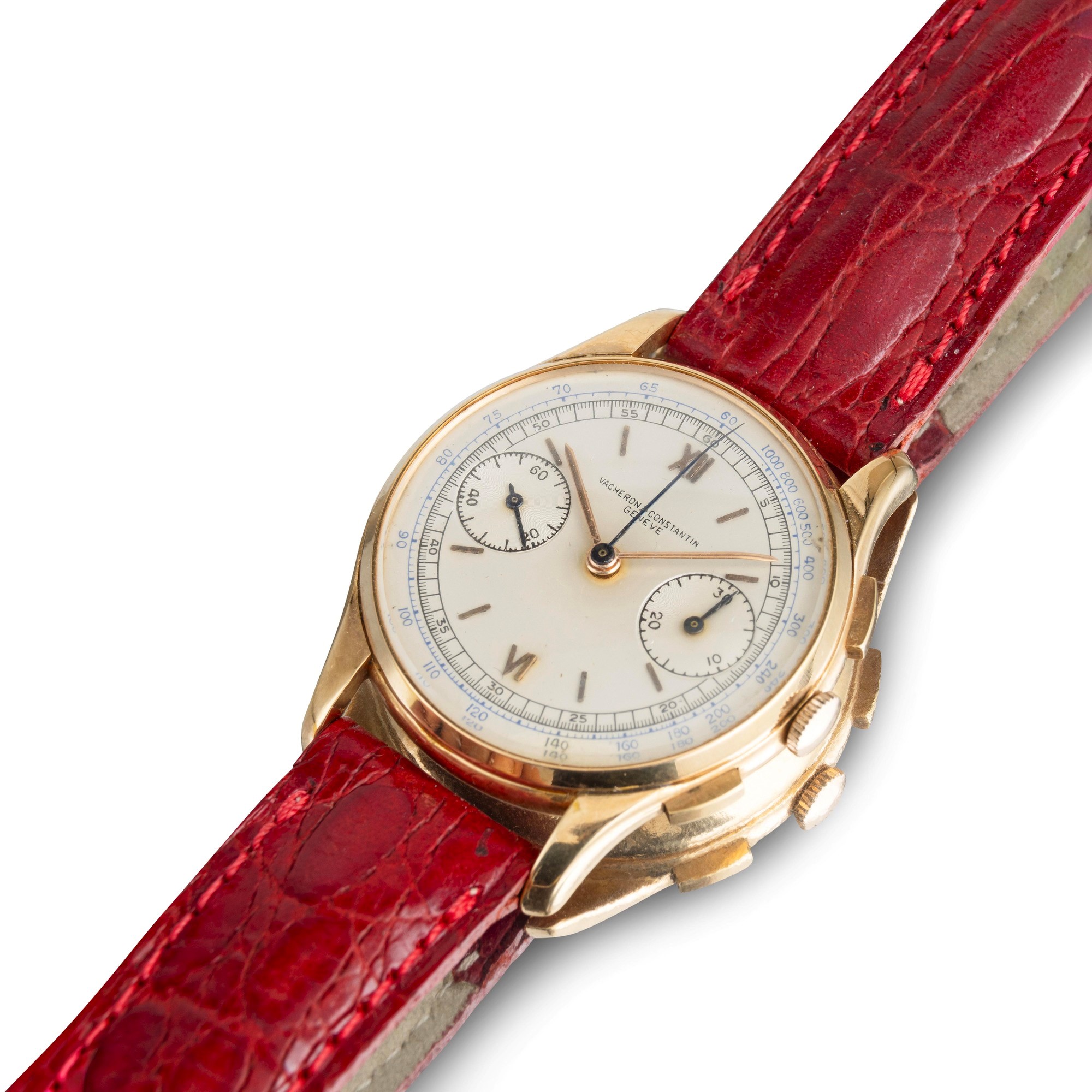 Vacheron & Constantin - Cronografo in oro giallo 18k con quadrante argenté e carica manuale, 34 m...