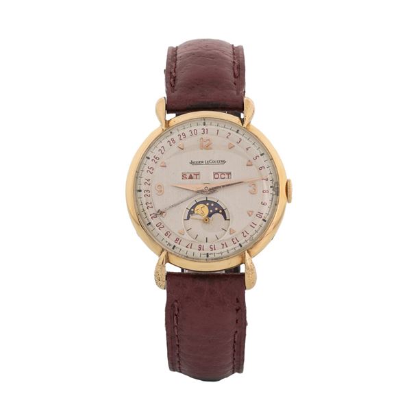 Jaeger-LeCoultre - Triplo Calendario con fasi lunari in oro giallo 18k con anse a goccia, quadrante argentè con numeri Romani e indici applicati, carica manuale, 36 mm