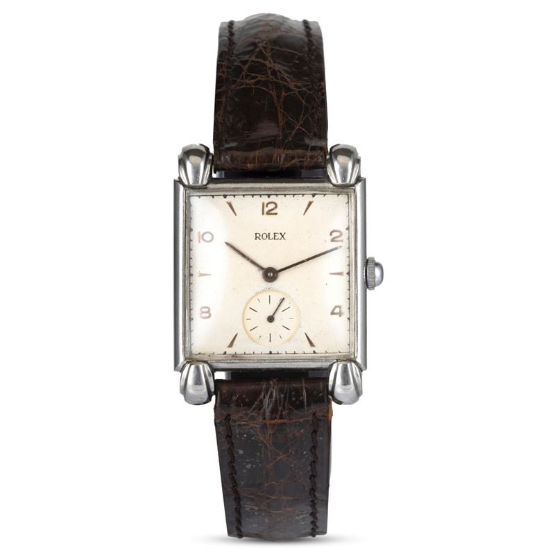 Rolex : Carrè in acciaio con anse Fancy, quadrante argentè con indici applicati e piccoli secondi al sei, carica manuale, 28x28 mm  - Auction Orologi da polso - Cambi Casa d'Aste